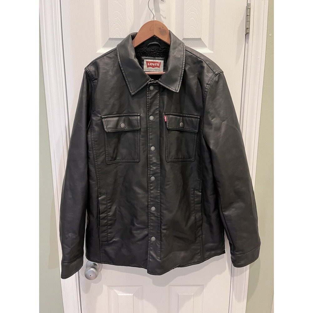 Levis Faux Leather Trucker Jacket Sherpa Lined Black Men's Sz. Med Motorcycle